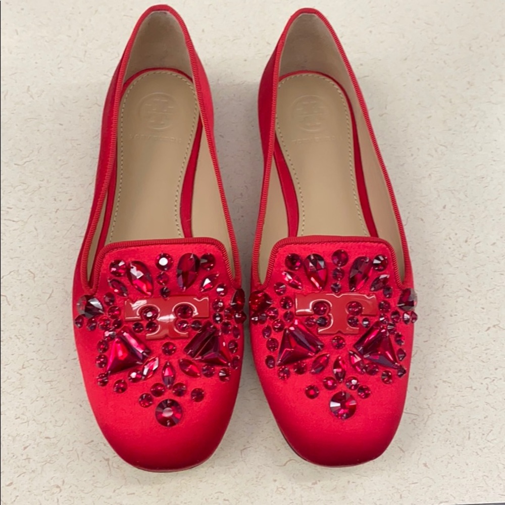 Tory Burch Red Satin Delphine T Logo Loafers Flats